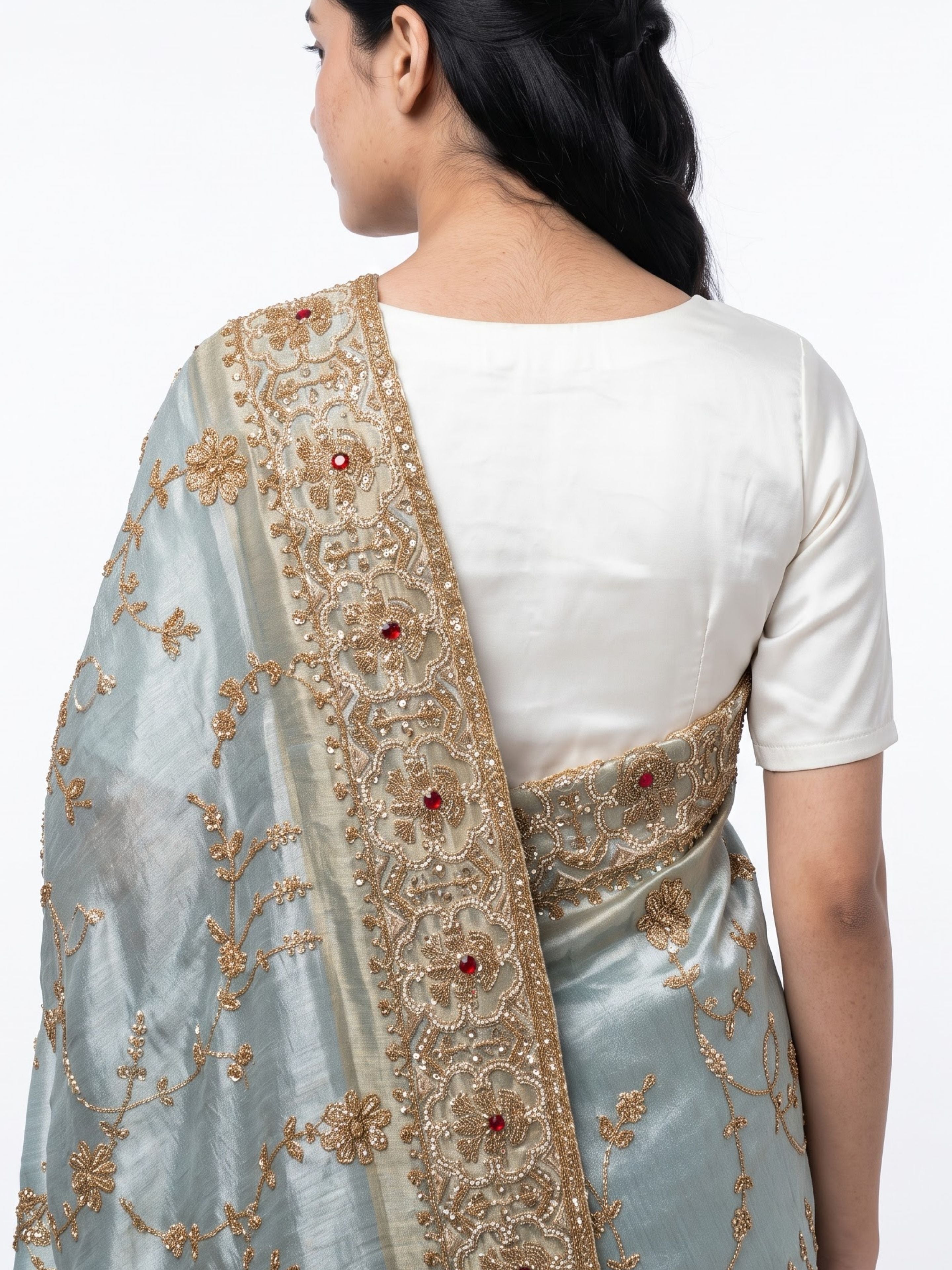 Sky Blue Tissue Unstitched Saree Embellished With Sequins, Cutdana, Moti & Stone Work